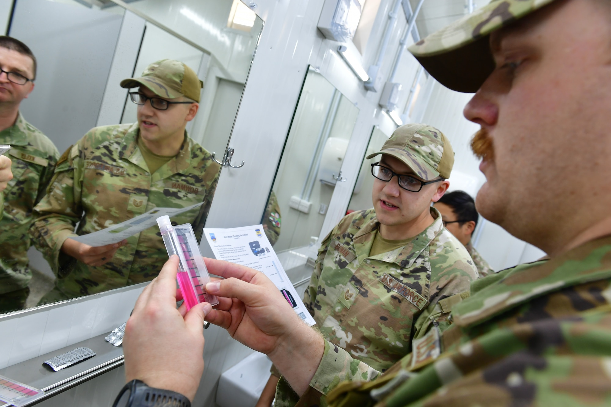 Staff Sgt. Kelsey Aldridge, 332d Expeditionary Medical Squadron independent duty medical technician, performs water quality testing at an undisclosed location in Southwest Asia, January 20, 2023