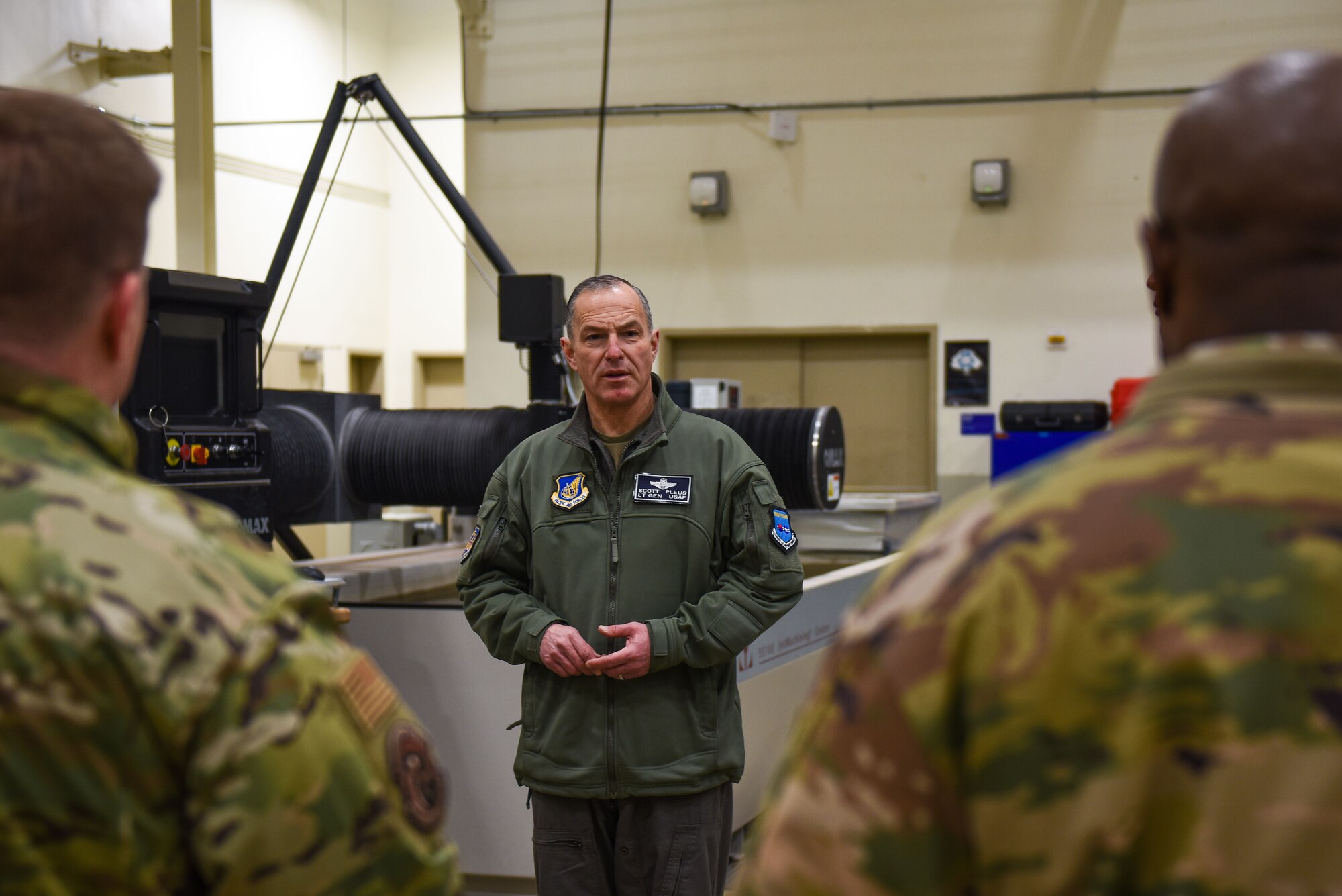 U.S. Air Force Lt. Gen. Scott L. Pleus, 7th Air Force commander, receives a brief on 8th Maintenance Group developments in fabrication at Kunsan Air Base, Republic of Korea, Jan. 26, 2023. During his visit, he and Chief Master Sgt. Alvin R. Dyer, 7th Air Force command chief, learned more about the 8th Fighter Wing’s increased capabilities and recognized Airmen for their achievements. (U.S. Air Force photo by Tech. Sgt. Timothy Dischinat)