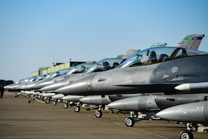 U.S. Air Force F-16 Fighting Falcon pilots, assigned to the 555th Fighter Squadron, prepare for take-off during exercise Emerald Strike 2023 at Grosseto Air Base, Italy, Jan. 27, 2023. Exercise Emerald Strike 2023 is designed to demonstrate the ability to conduct joint offensive and defensive air operations with partners and Allies. (U.S. Air Force photo by Senior Airman Noah Sudolcan)