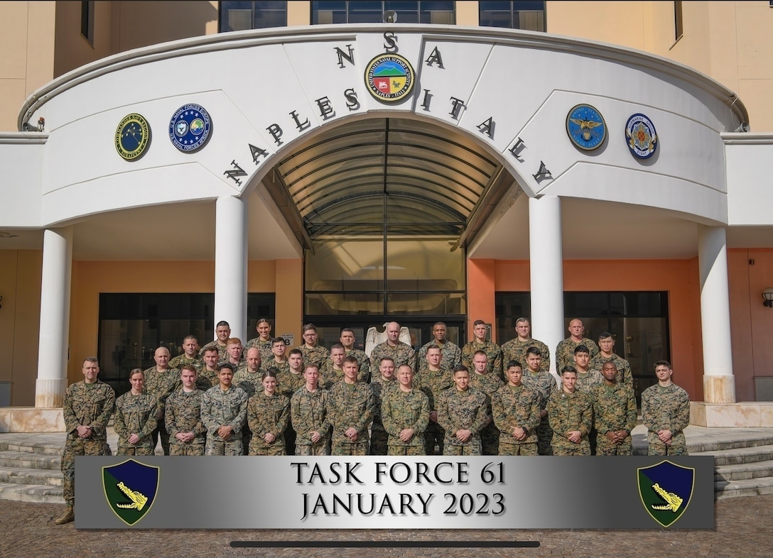 U.S. Marines assigned to Task Force 61 pose for a group photo at Naval Support Activity, Naples, Italy, January 27, 2023. (U.S. Marine Corps photo by Mass Communication Specialist 1st Class Kaila V. Rasmussen)