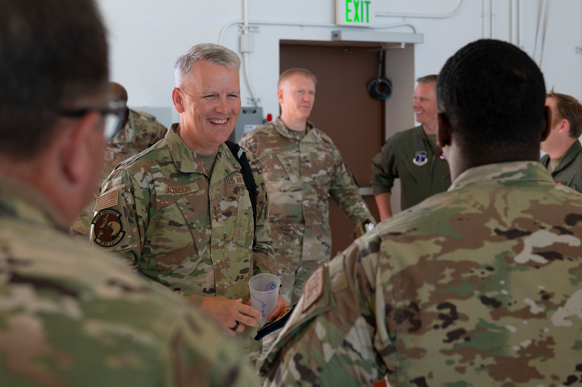 U.S. Air Force Lt. Gen. James Jacobson, Pacific Air Forces deputy commander, speaks with members of the 506th Expeditionary Aerial Refueling Squadron at Andersen Air Force Base, Guam, Jan. 19, 2023. The 506th EARS comprises Air National Guard, Air Force Reserve and active duty Airmen from several KC-135 Stratotanker units around the globe, in order to support inflight refueling and airlift operations in the Indo-Pacific theater. (U.S. Air Force photo by Airman 1st Class Spencer Perkins)