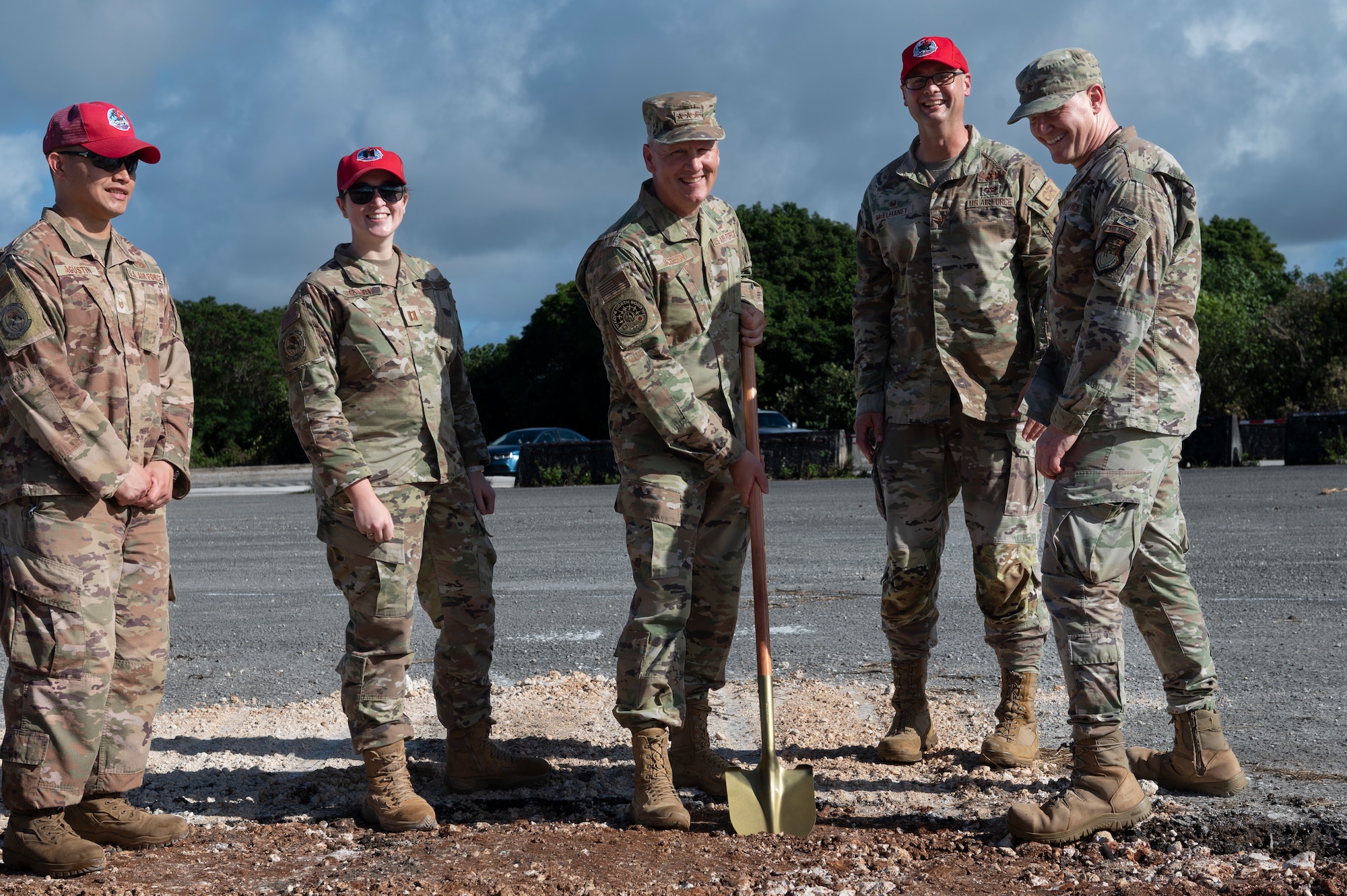 U.S. Air Force Lt. Gen. James Jacobson, Pacific Air Forces deputy commander, breaks ground on a construction site for the 554th Rapid Engineering Deployable Heavy Operations Repair Squadron Engineer at Pacific Regional Training Center, Andersen Air Force Base, Guam, Jan. 19, 2023. The 554th RED HORSE provides the Air Force with a mobile civil engineering response force in support of contingency and special operations worldwide. (U.S. Air Force photo by Airman 1st Class Spencer Perkins)