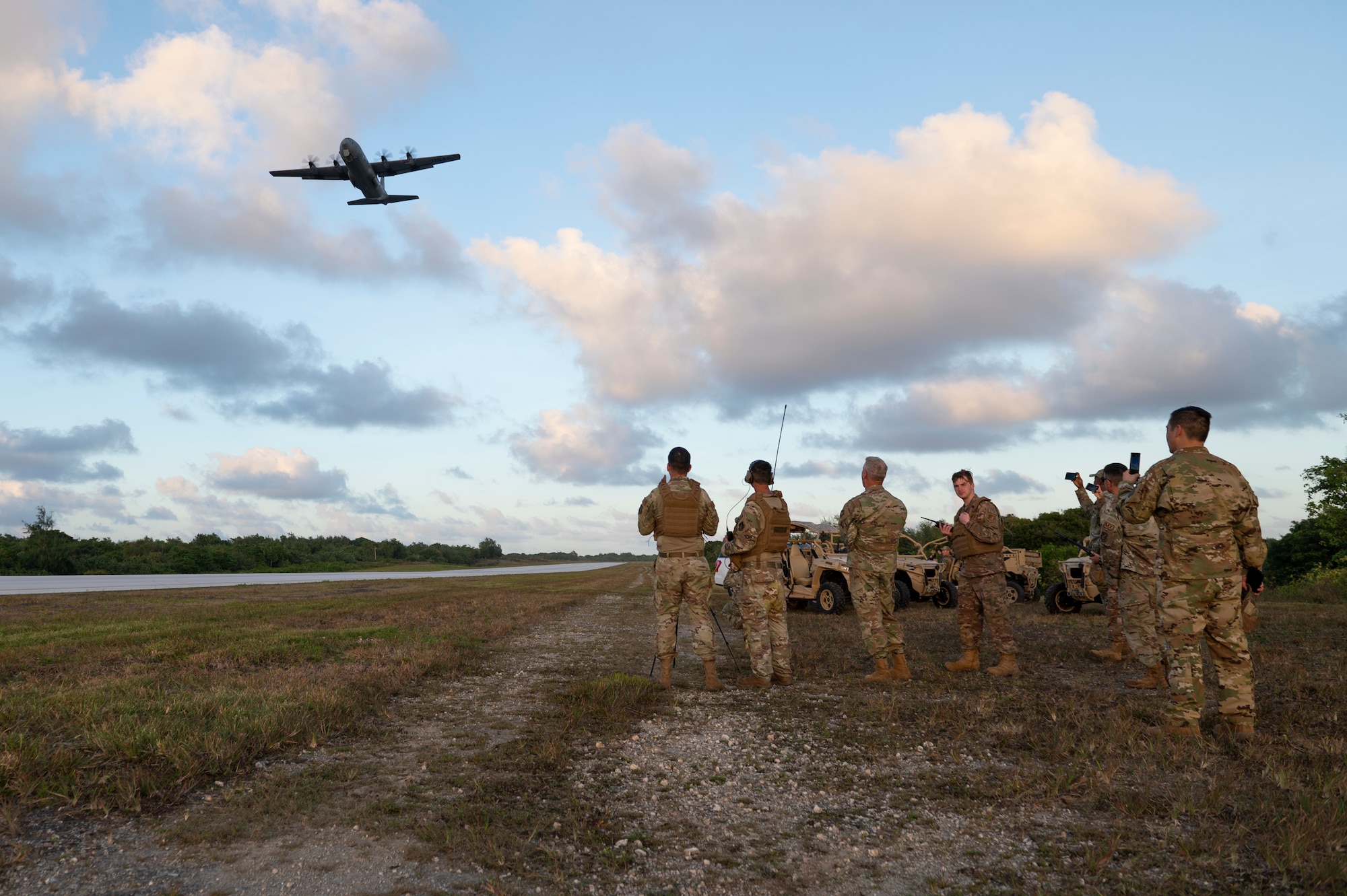 A U.S. Air Force C-130J Super Hercules takes off from Pacific Regional Training Center, Andersen Air Force Base, Guam, Jan. 19, 2023. The 36th Contingency Response Squadron conducted a training exercise to set up a drop zone while the C-130J Super Hercules crew aimed to put the drops on target. (U.S. Air Force photo by Airman 1st Class Spencer Perkins)
