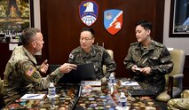 Gen. Park Jeong-hwan, chief of staff of the Republic of Korea Army, meets with Lt. Gen. Daniel Karbler, commanding general of the U.S. Army Space and Missile Defense Command, and other SMDC senior leaders at the command's headquarters at Redstone Arsenal, Alabama, Jan. 24, 2023. (photos by Carrie David Campbell)