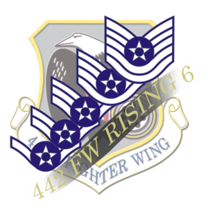 Chevrons representing the ranks of Airman through Tech. Sgt. ascend diagonally above a banner bearing the words "442 FW Rising 6." All are laid over the 442d Fighter Wing's shield.