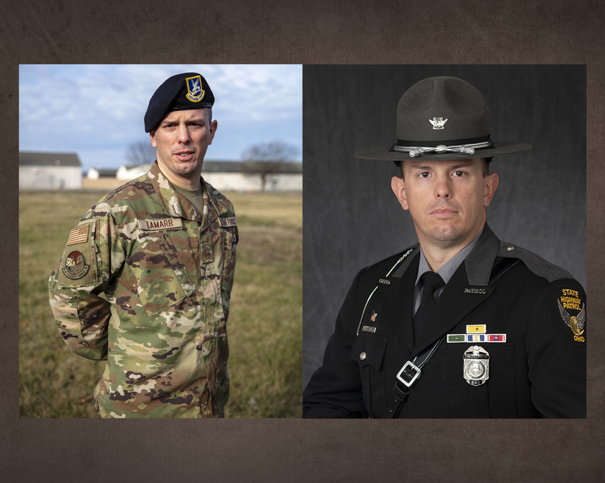 Side-by-side of Ryan LaMarr as a senior master sergeant Reserve Citizen Airman, left, and a Ohio State Highway Patrol trooper, right
