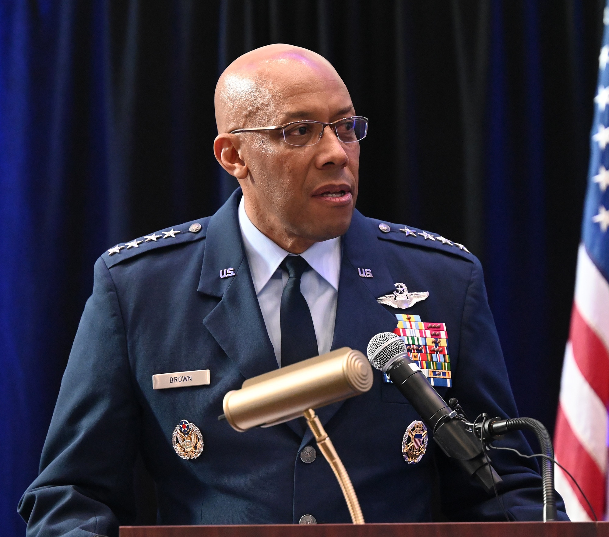 Chief of Staff of the Air Force Gen. CQ Brown, Jr., addresses the audience during the Brig. Gen. Charles E. McGee Leadership Award ceremony at the Samuel Riggs IV Alumni Center, University of Maryland, College Park, Md., Jan 27, 2023.