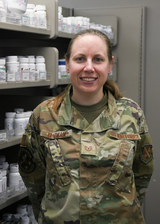 Tech. Sgt. Melissa Guzman, Joint Base Andrews main pharmacy noncommissioned officer in charge, poses for a portrait during Biomedical Science Corps Appreciation Week at the Malcolm Grow Medical Center at JBA, Md., Jan. 25, 2023.