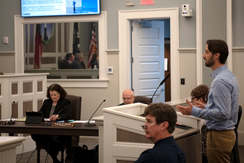 TYBEE ISLAND, Ga. – Jared Lopes, water resources planner for the U.S. Army Corps of Engineers, Savannah District, reports the findings from the recently published ship wake study to the Tybee Island city council on Tybee Island, Ga. on Jan. 26, 2023. The study was set into motion amid concerns regarding the ongoing risk to beachgoers from vessel-generated wakes on Tybee Island’s northern shore. The goal of the study was to develop a better understanding of vessel traffic patterns and associated boat wakes generated by large commercial vessels. USACE photo by Mel Orr.