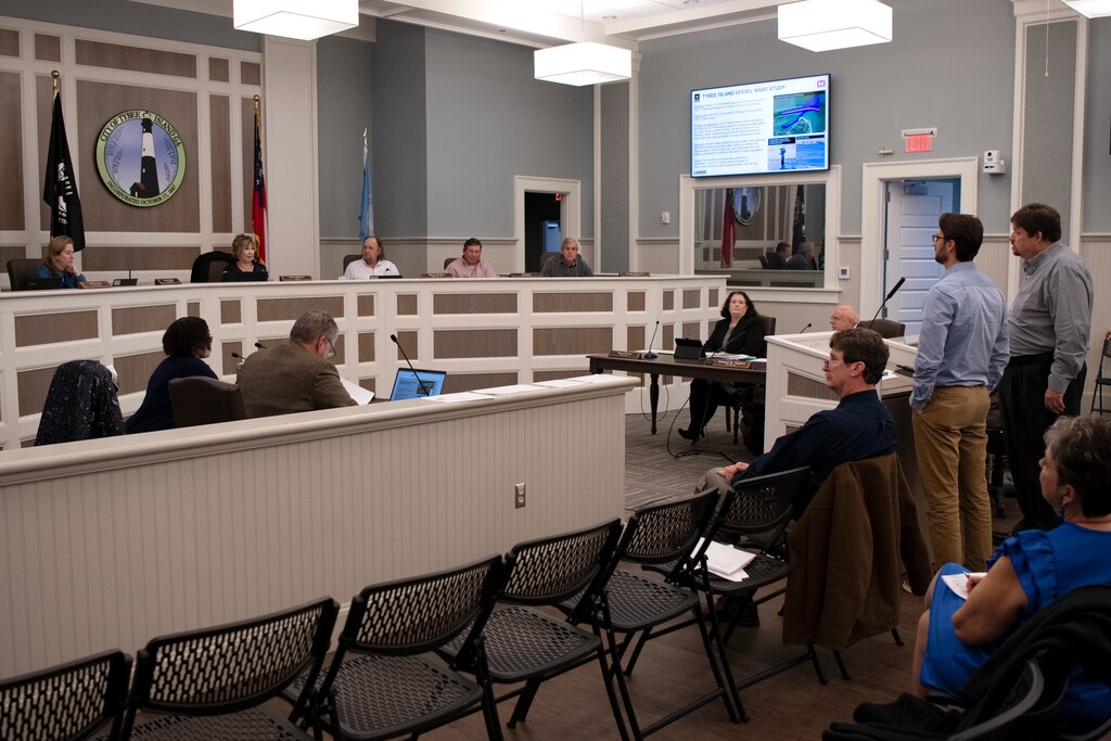TYBEE ISLAND, Ga. – Jared Lopes (second from right), water resources planner for the U.S. Army Corps of Engineers, Savannah District, and Dr. Richard Styles, research oceanographer from the Engineer Research and Development Center Coastal and Hydraulics Laboratory, report their findings from their recently published ship wake study to the Tybee Island city council on Tybee Island, Ga. on Jan. 26, 2023. The study was set into motion amid concerns regarding the ongoing risk to beachgoers from vessel-generated wakes on Tybee Island’s northern shore. The goal of the study was to develop a better understanding of vessel traffic patterns and associated boat wakes generated by large commercial vessels. USACE photo by Mel Orr.