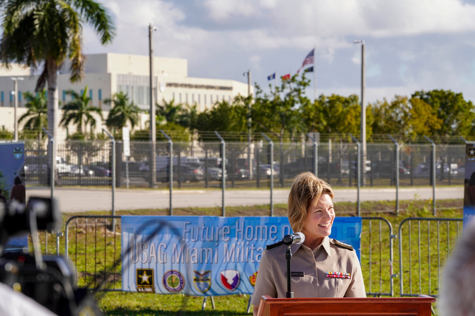 Gen. Laura Richardson, commander of U.S. Southern Command (SOUTHCOM), speaks during a groundbreaking ceremony for the future site of the new military housing complex supporting SOUTHCOM's service members and their families.