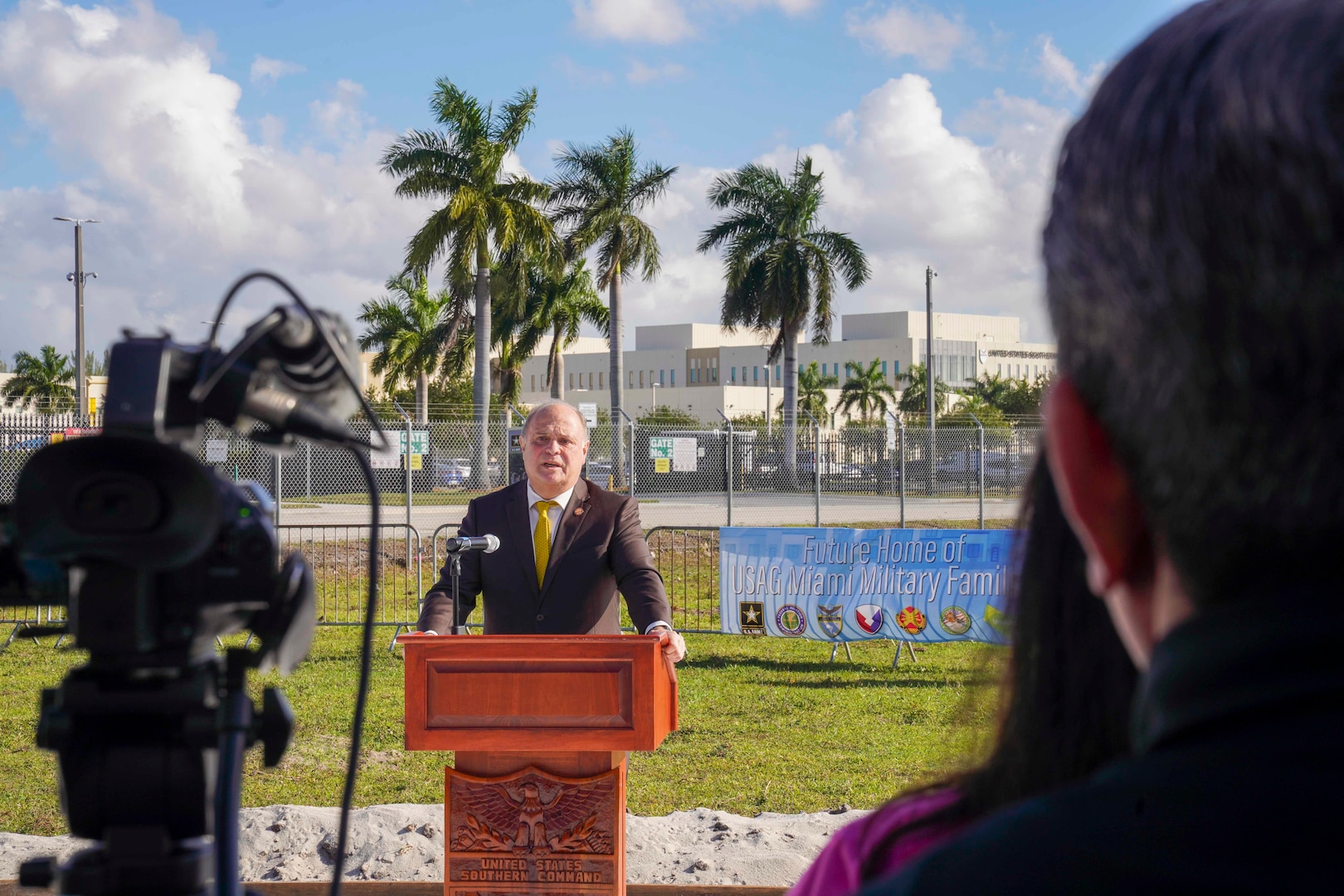 Commissioner Juan Carlos Bermudez, District 12 commissioner for the Miami-Dade Board of County Commissioners, speaks during a groundbreaking ceremony for the future site of the new military housing complex supporting U.S. Southern Command's service members and their families.