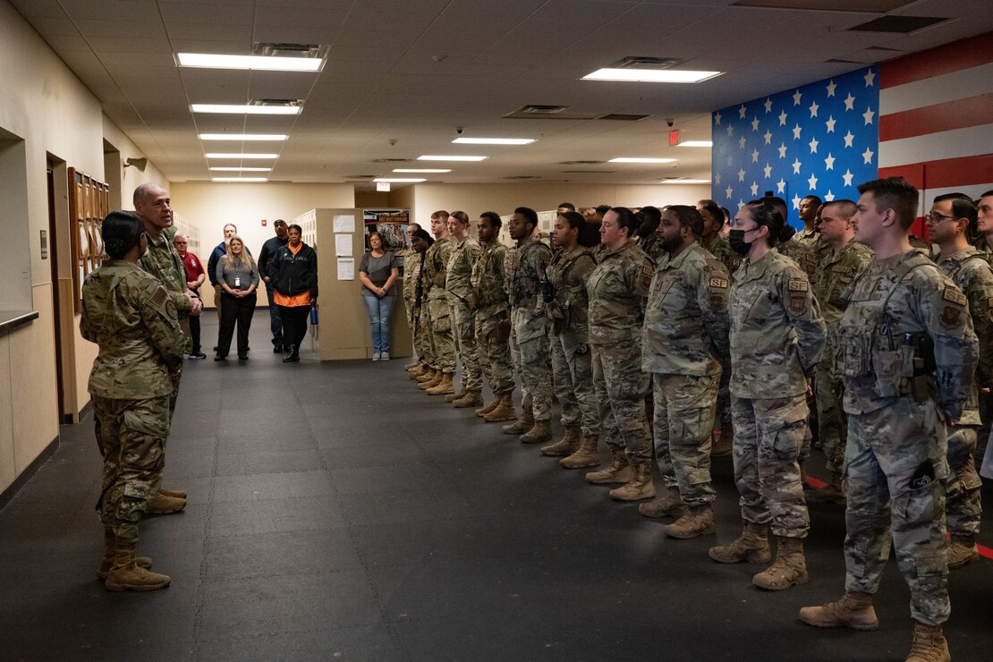 U.S. Air Force Gen. Thomas Bussiere, Air Force Global Strike Command (AFGSC) commander, and Chief Master Sgt. Melvina Smith, AFGSC command chief, speak to Airmen at the 2nd Security Forces Squadron armory during a base tour, Barksdale Air Force Base, La., Jan. 26, 2023.