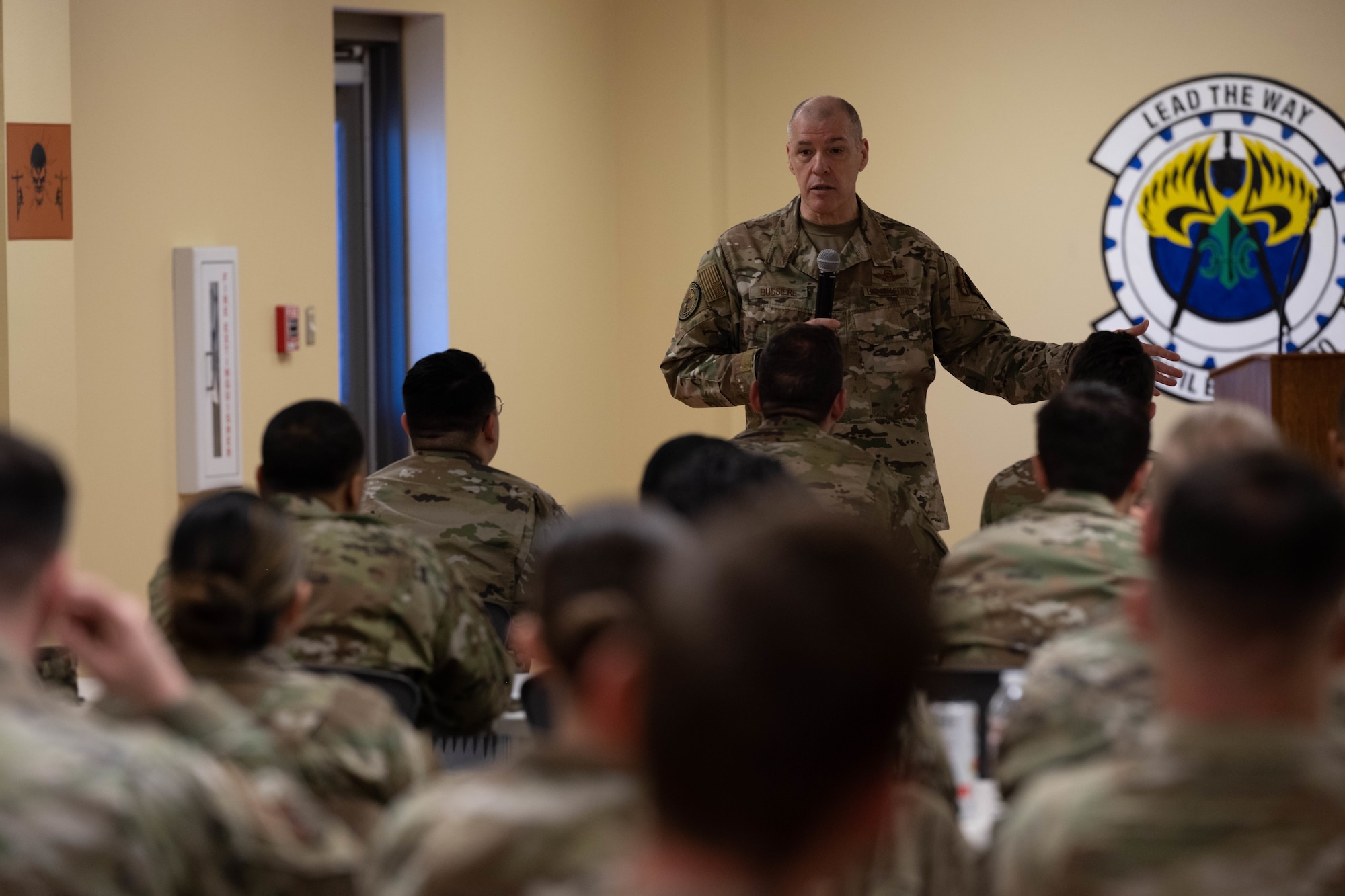U.S. Air Force Gen. Thomas Bussiere, Air Force Global Strike Command (AFGSC) commander, discusses mission topics and concerns with Airmen from across the 2nd Bomb Wing during a base tour, Barksdale Air Force Base, La., Jan. 27, 2023.