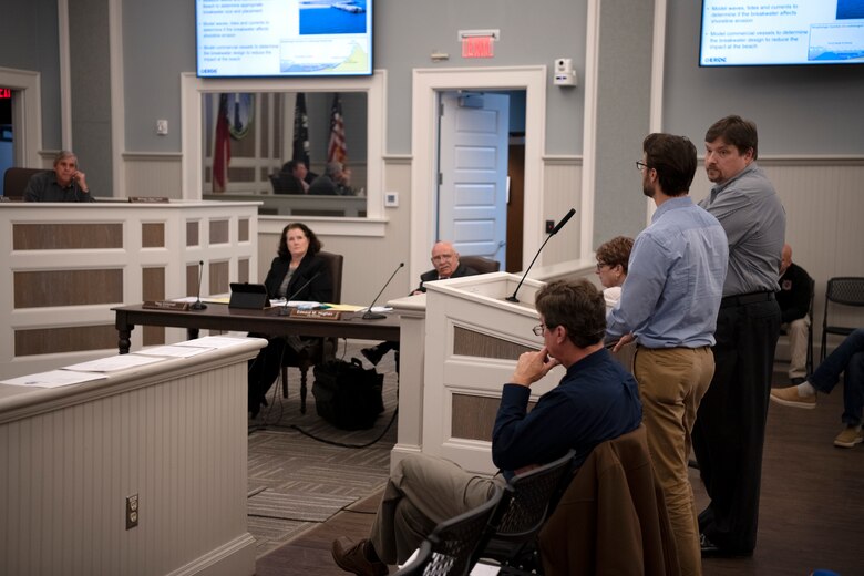 TYBEE ISLAND, Ga. – Jared Lopes (second from right), water resources planner for the U.S. Army Corps of Engineers, Savannah District, and Dr. Richard Styles, research oceanographer from the Engineer Research and Development Center Coastal and Hydraulics Laboratory, report the findings from their recently published ship wake study to the Tybee Island city council on Tybee Island, Ga. on Jan. 26, 2023. The study was set into motion amid concerns regarding the ongoing risk to beachgoers from vessel-generated wakes on Tybee Island’s northern shore. The goal of the study was to develop a better understanding of vessel traffic patterns and associated boat wakes generated by large commercial vessels. USACE photo by Mel Orr.