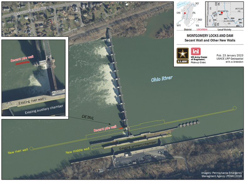 An overview map of Montgomery Locks and Dam improvements (USACE Pittsburgh District Engineering & Construction)