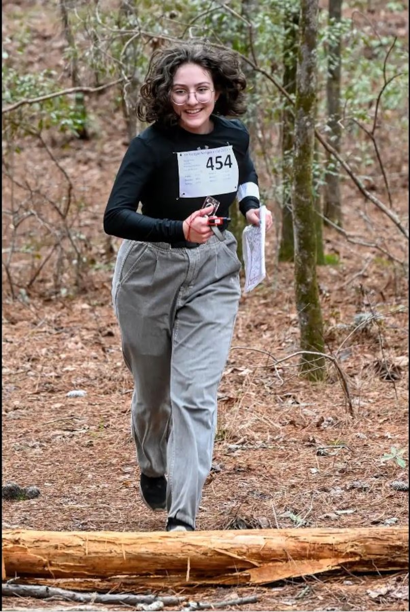 AFJROTC Cadet Trinity Bryce, a senior at West Nassau High School, Callahan, Florida, traverses the JROTC course at the 2023 Orienteering USA Junior Nationals and Navigator Cup at the F.D. Roosevelt State Park in Pine Mountain, Georgia, Jan. 15, 2023. This is the first time AFJROTC has competed in the Georgia National Cup since 2018 and as such it served as the AFJROTC Orienteering National Championships.