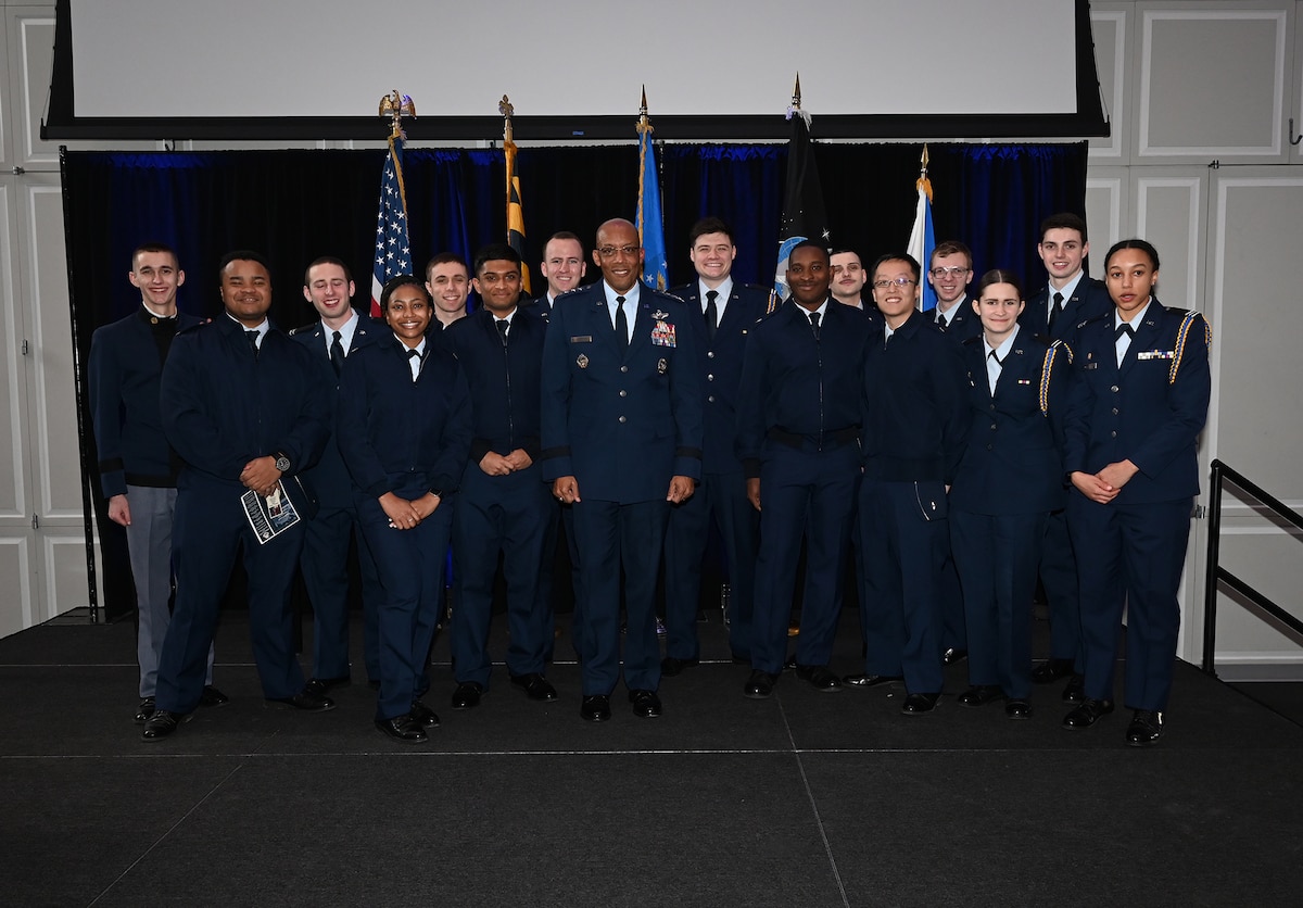 Chief of Staff of the Air Force Gen. CQ Brown, Jr., poses for a group photo with University of Maryland ROTC cadets after a ceremony at the Samuel Riggs IV Alumni Center, College Park, Md., Jan 27, 2023. Brown was on hand to award the Brig. Gen. Charles McGee Leadership Award.