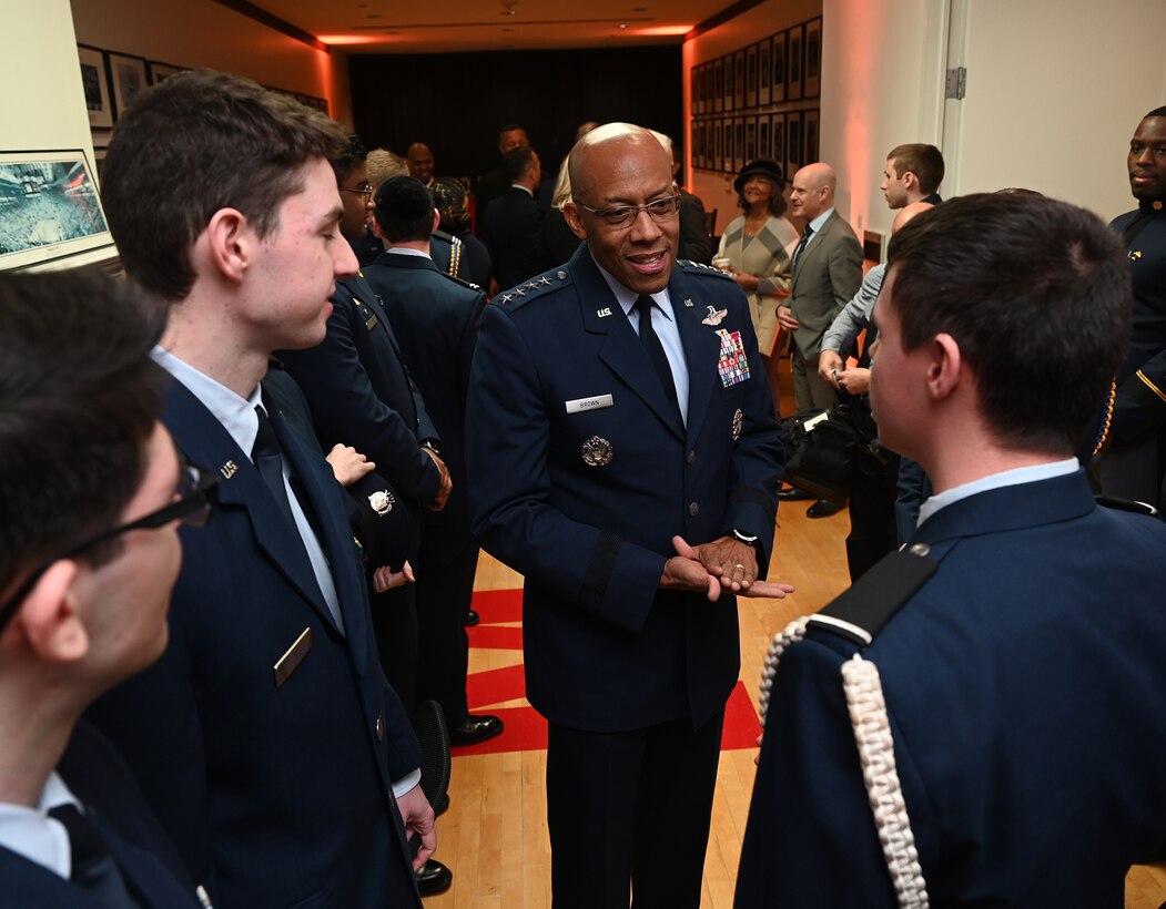 Chief of Staff of the Air Force Gen. CQ Brown, Jr., greets University of Maryland ROTC cadets before a ceremony at the Samuel Riggs IV Alumni Center, College Park, Md., Jan 27, 2023. Brown was on hand to award the Brig. Gen. Charles McGee Leadership Award.