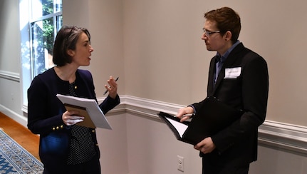 IMAGE: Lynda Hester (left) of the Weapons Control and Integration Department at Naval Surface Warfare Center Dahlgren Division (NSWCDD) speaks with a prospective employee at the NSWCDD Career Fair Jan. 24 at the Fredericksburg Expo & Conference Center.