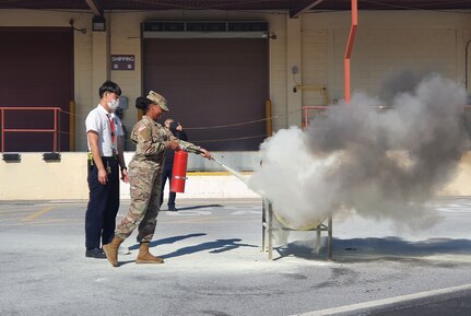 A Soldier participates in fire safety training at the U.S. Army Medical Materiel Center-Korea. The center was recently recognized by Army Materiel Command with its Exceptional Organization Safety Award at the battalion level.