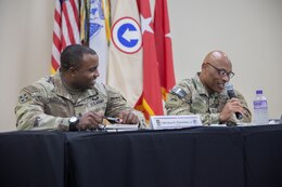 Maj. Gen. Michel M. Russell Sr., commanding general, 1st Theater Sustainment Command and Command Sgt. Maj. Albert E. Richardson Jr., command sergeant major, 1st TSC, respond to questions from the audience at a leader professional development (LPD) conference at Camp Arifjan, Kuwait on Jan. 24, 2023. The LPD reinforced how critical the joint logistics enterprise is to sustainment operations for U.S. Army Central in the United States Central Command’s area of operations.
