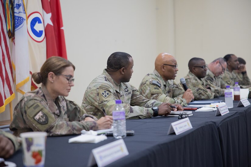 Maj. Gen. Michel M. Russell Sr., commanding general, 1st Theater Sustainment Command, engages with Soldiers during a leader professional development conference at Camp Arifjan, Kuwait on Jan. 24, 2023. Brig. Gen. Maria Juarez (left), commanding general, 143d Sustainment Command (Expeditionary) also attended and provided remarks during the LPD. The LPD reinforced how critical the joint logistics enterprise is to sustainment operations for U.S. Army Central in the United States Central Command’s area of operations.