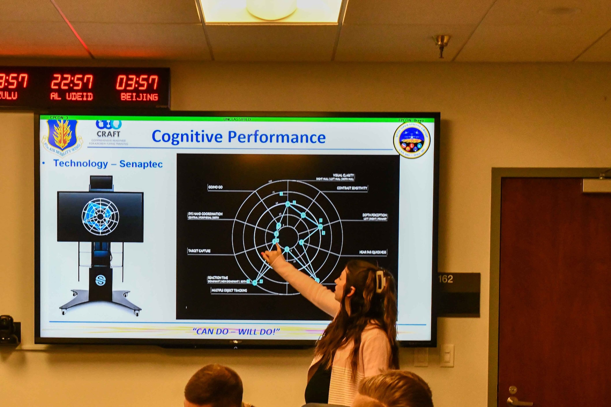 Sarah Woolfolk, cognitive specialist and site lead for the Comprehensive Readiness for Aircrew Flying Training (CRAFT) program, highlights the importance of cognitive performance for aircrew to Gen. Corey Martin, 18th Air Force Commander, at Altus Air Force Base (AAFB),Oklahoma, Jan. 26, 2023. Aircrew at AAFB can schedule consultations with any of the CRAFT specialists today to help optimize their performance in and out of their aircraft. (U.S. Air Force photo by Airman 1st Class Miyah Gray)