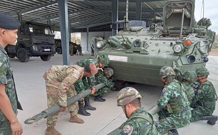 Maintenance Advisor, Staff Sgt. Wilson from Logistic Advisor Team 5622 trains on Stryker Recovery with Soldiers from the 112th Stryker Regiment, 11th Royal Thai Army Infantry Division,  at Ko Chan, Thailand, Jan. 10, 2023. SFAB Advisors are forward-employed into Thailand on a six-month rotation that began last fall.