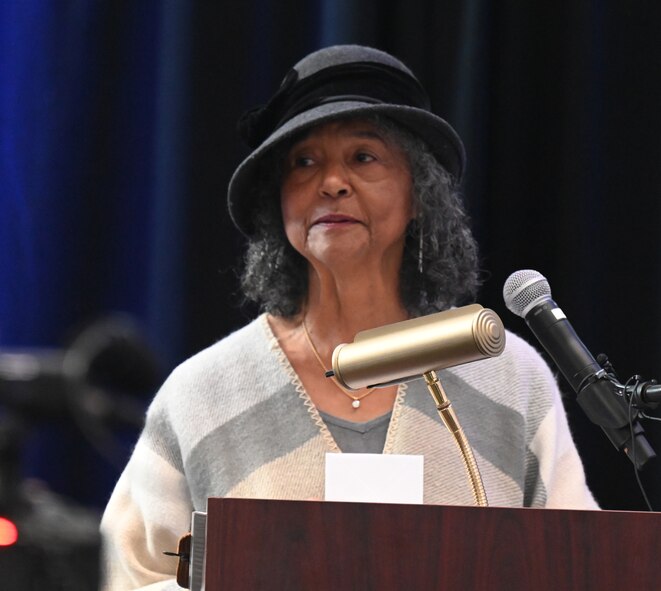 Mrs. Charlene McGee-Smith, daughter of the late Brig. Gen. Charles McGee, addresses the audience at a ceremony hosted by Chief of Staff of the Air Force Gen. CQ Brown, Jr., at the Samuel Riggs IV Alumni Center, College Park, Md., Jan 27, 2023. Brown was on hand to award a scholarship named after the late General to a deserving University of Maryland cadet.