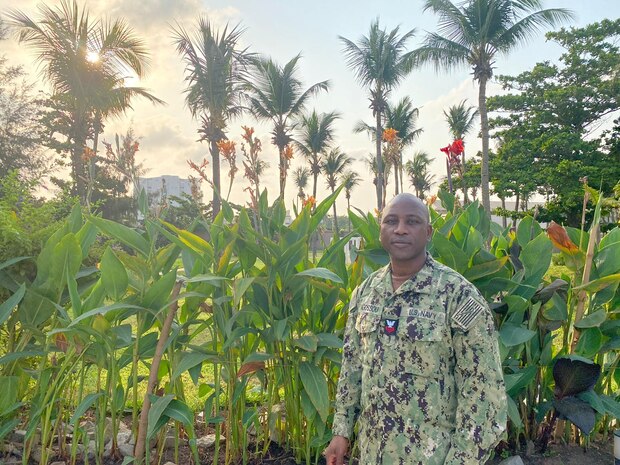 230130-N-NO901-1005 (Jan. 30, 2023) LAGOS, Nigeria - Hospital Corpsman 1st Class Agossou Marcellin, a Benin native, Pharmaceutical doctorate student, and U.S. Navy Reservist, poses for a photo in Benin during exercise Obangame Express 2023. Obangame Express 2023, conducted by U.S. Naval Forces Africa, is a maritime exercise designed to improve cooperation, and increase maritime safety and security among participating nations in the Gulf of Guinea and Southern Atlantic Ocean. U.S. Sixth Fleet, headquartered in Naples, Italy, conducts the full spectrum of joint and naval operations, often in concert with allied and interagency partners, in order to advance U.S. national interests and security and stability in Europe and Africa. (Courtesy Photo)