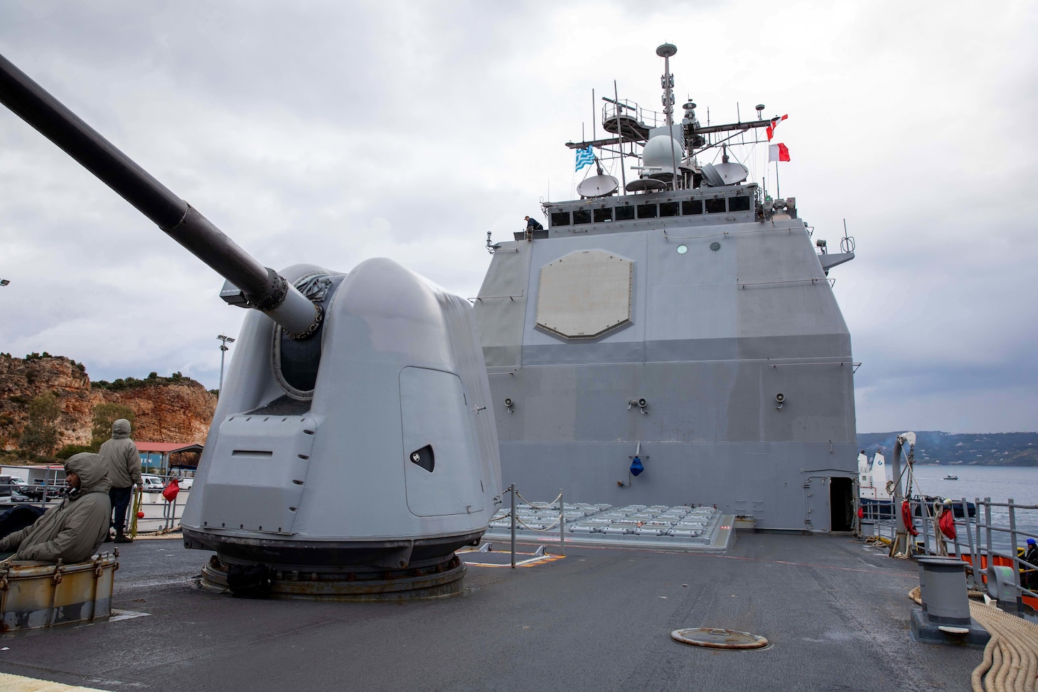 (Jan. 30, 2023) The Ticonderoga-class guided-missile cruiser USS Leyte Gulf (CG 55) arrives in Souda Bay, Greece, for a scheduled port visit, Jan. 30, 2023. The George H.W. Bush Carrier Strike Group is on a scheduled deployment in the U.S. Naval Forces Europe area of operations, employed by U.S. Sixth Fleet to defend U.S., allied, and partner interests.