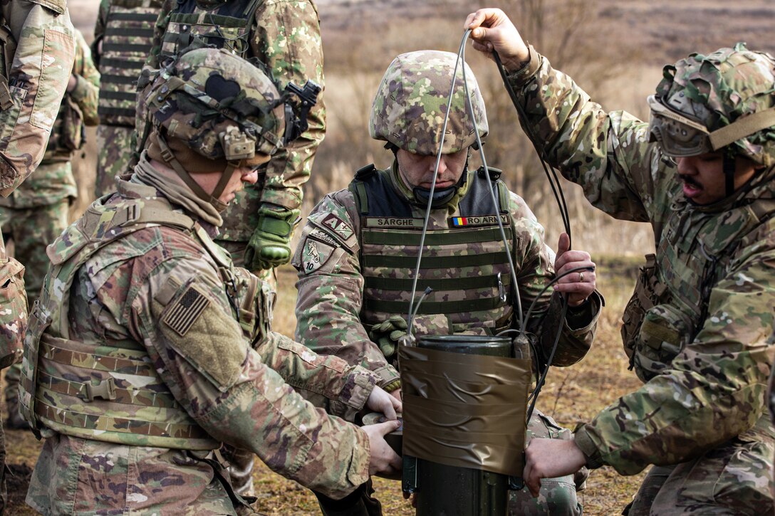Soldiers work together in a joint exercise.