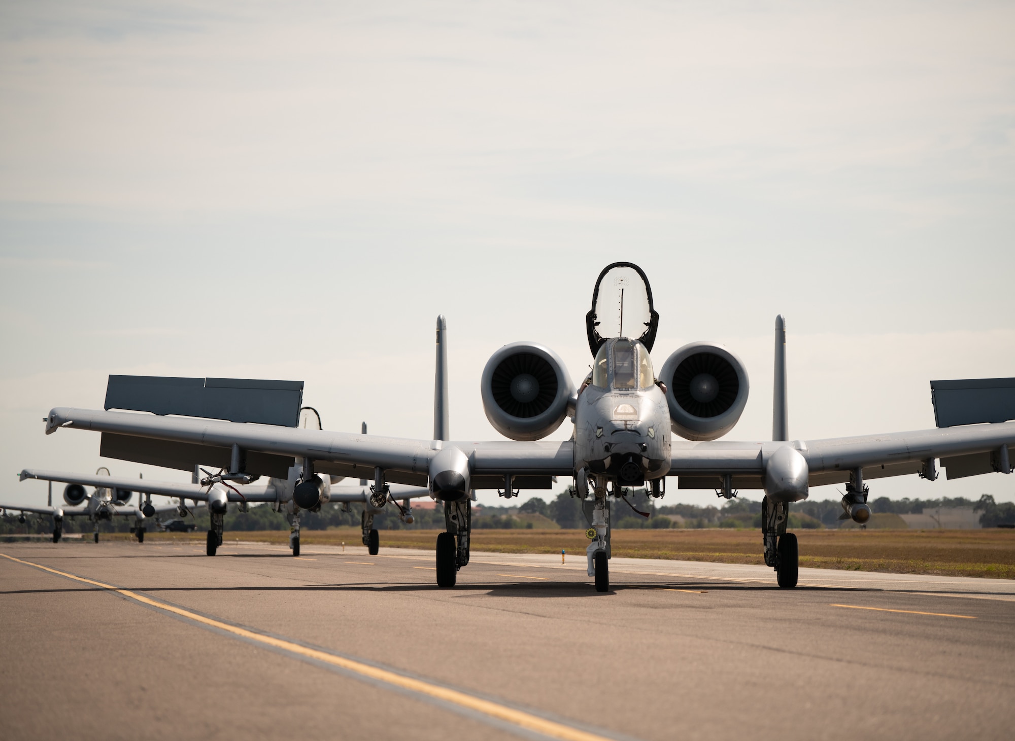 A-10C Thunderbolt II aircraft assigned to the 122nd Fighter Wing, Indiana Air National Guard, taxi down the runway after landing during Guardian Blitz at MacDill Air Force Base, Florida, Jan. 24, 2023. During the exercise, 122nd FW Airmen performed Integrated Combat Turn maneuvers at Moody Air Force Base after the aircraft took off from MacDill Air Force Base.