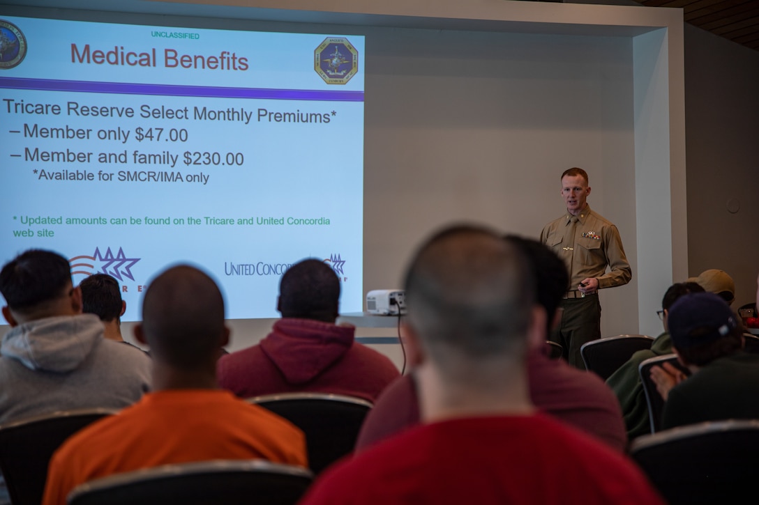 Maj. Sean Herlihy, a special projects officer with Marine Corps Individual Reserve Support Activity (MCIRSA), Force Headquarters Group, Marine Forces Reserve, speaks with Marines in the Individual Ready Reserve (IRR) during a reserve opportunity and obligations brief as a part of an IRR Muster, Manhattan Beach, California, Jan. 21, 2023. During these muster events, MCIRSA conducts an administrative screening of IRR Marines to ensure those Marines’ readiness to augment and reinforce the active component. (U.S. Marine Corps photo by Cpl. Jonathan L. Gonzalez)