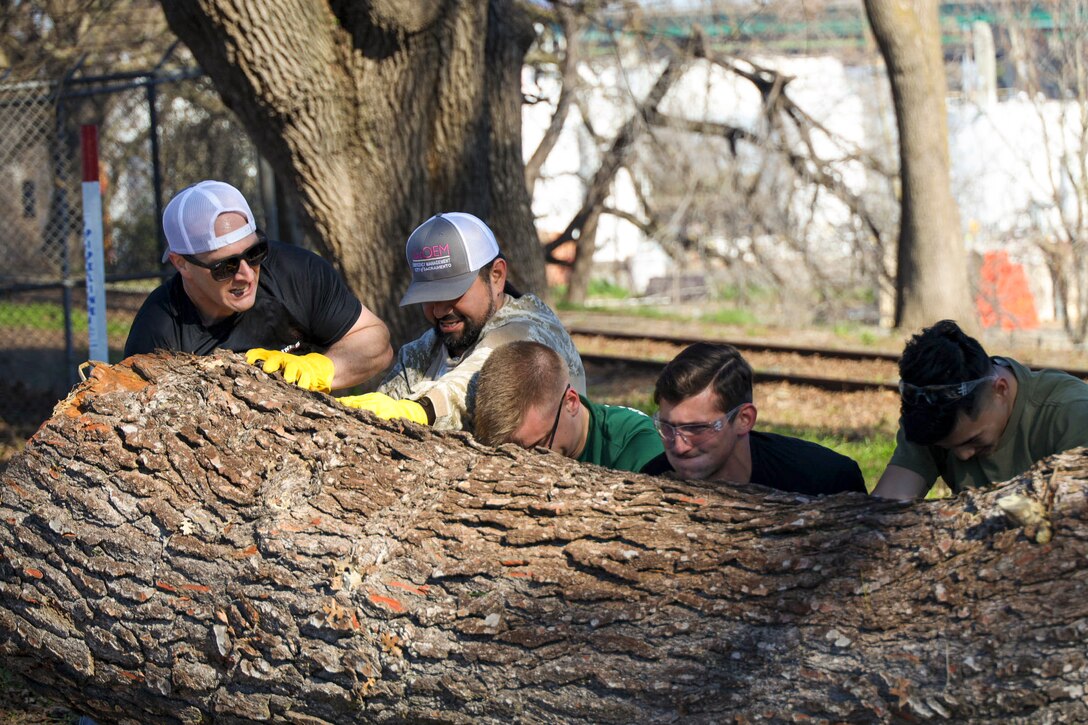 Marines and officer candidates move a cut down tree.