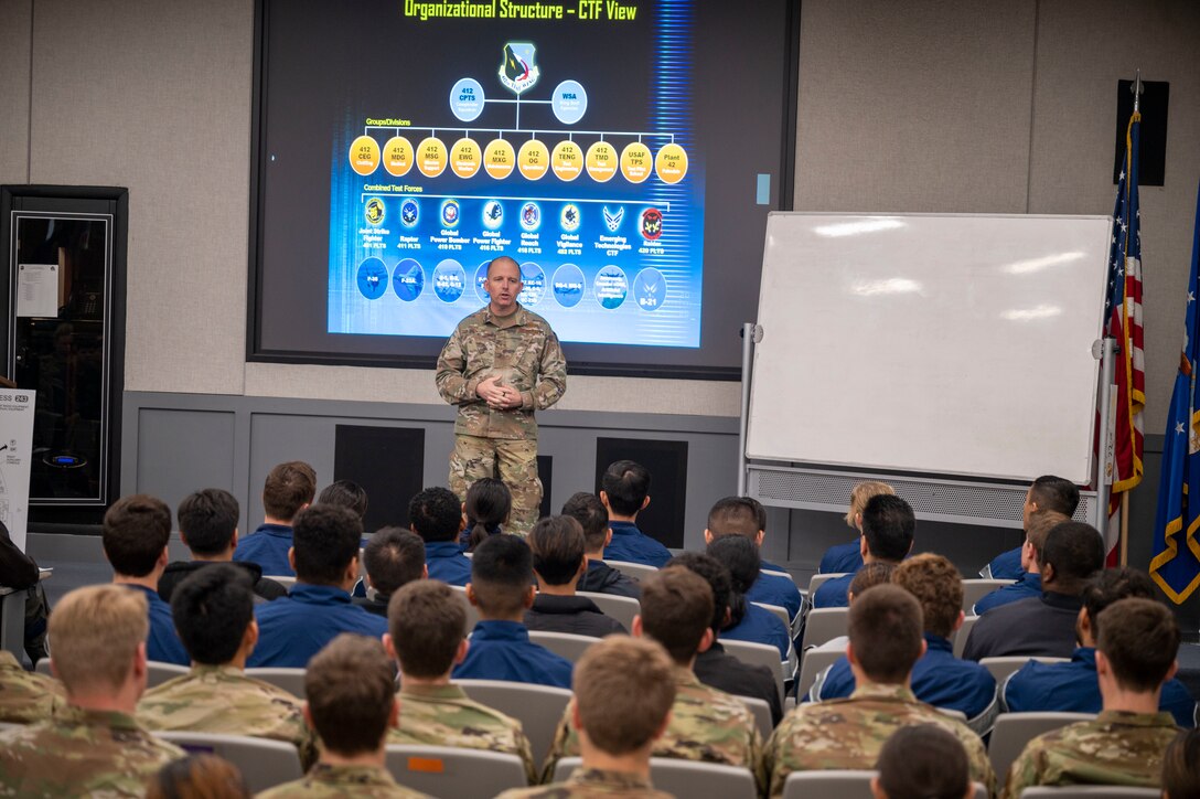 University of Southern California Air Force ROTC Detachment 060 cadets listen to Brig. Gen. Matthew Higer, Commander, 412th Test Wing speak at Edwards Air Force Base, California, Jan. 27. The cadets spent the day learning about the various career fields available to them upon graduation and entering into service.