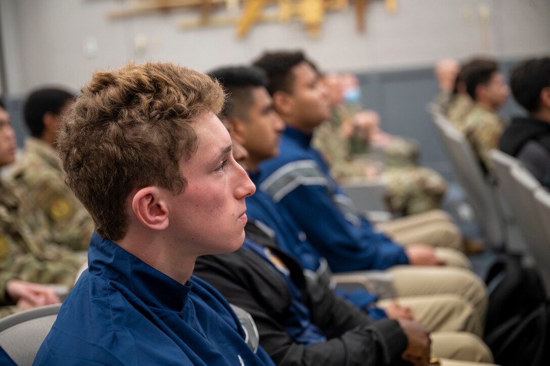 University of Southern California Air Force ROTC Detachment 060 cadets listen to Brig. Gen. Matthew Higer, Commander, 412th Test Wing speak at Edwards Air Force Base, California, Jan. 27. The cadets spent the day learning about the various career fields available to them upon graduation and entering into service.