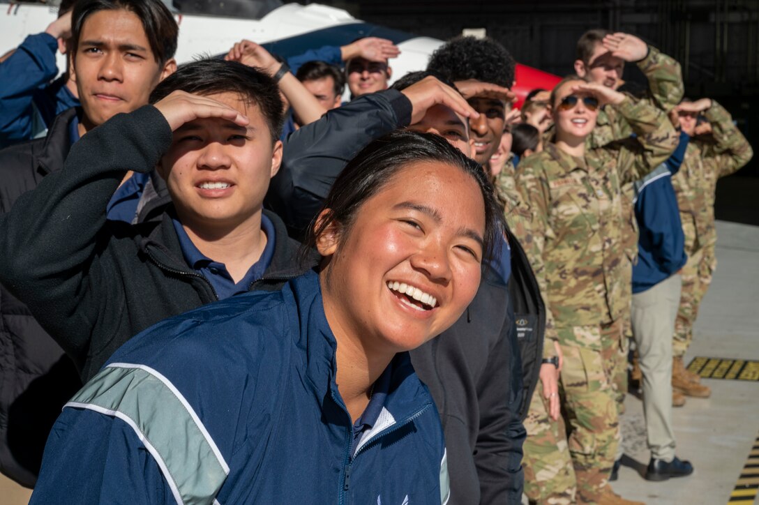 Air Force ROTC Detachment 060 from the University of Southern California watches flying aircraft during a recent visit to Edwards Air Force Base, California, Jan. 27. The cadets spent the day learning about the various career fields available to them upon graduation and entering into service.