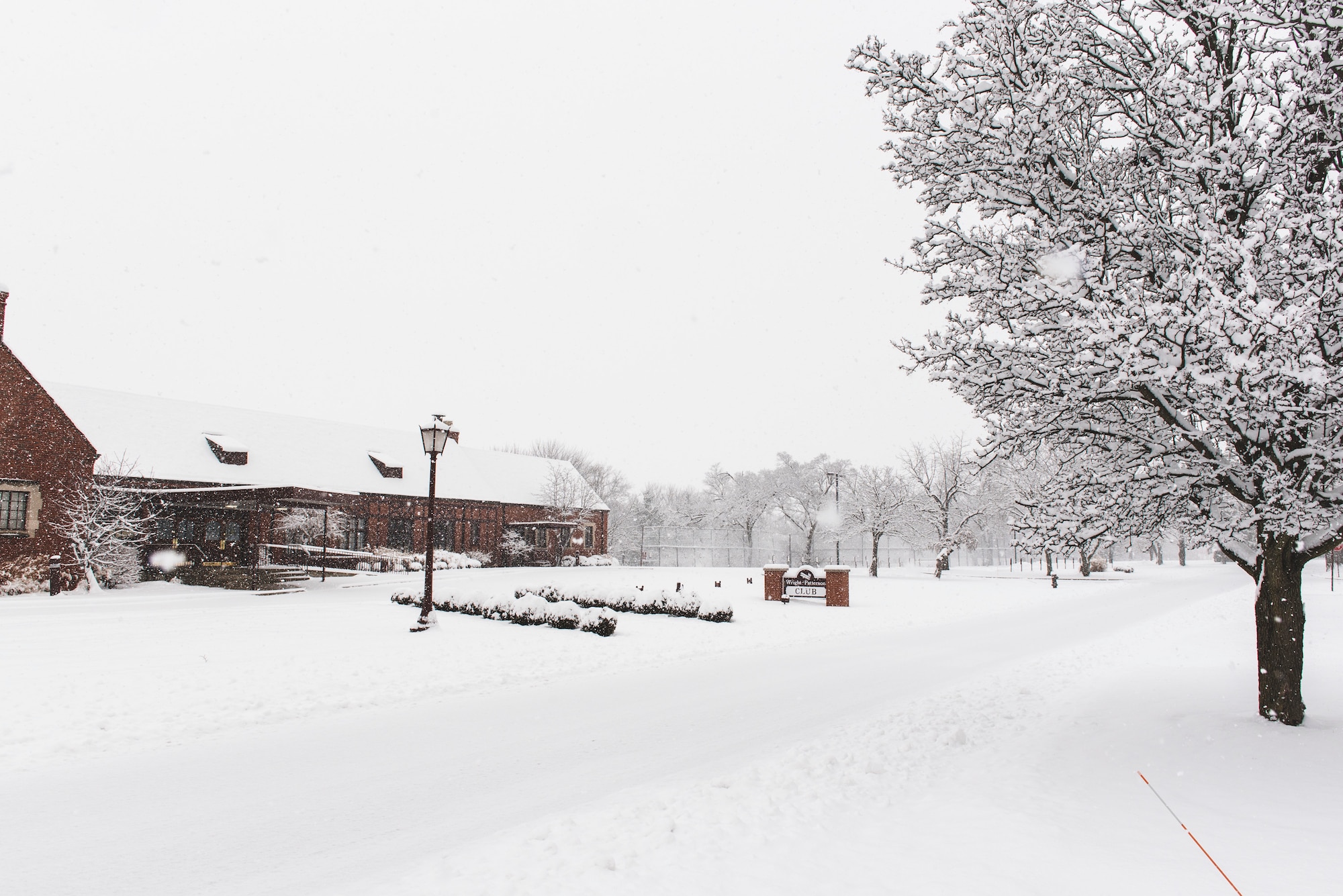 Snow covers Lahm Circle in front of the Wright-Patt Club on Jan. 22 at Wright-Patterson Air Force Base, Ohio.