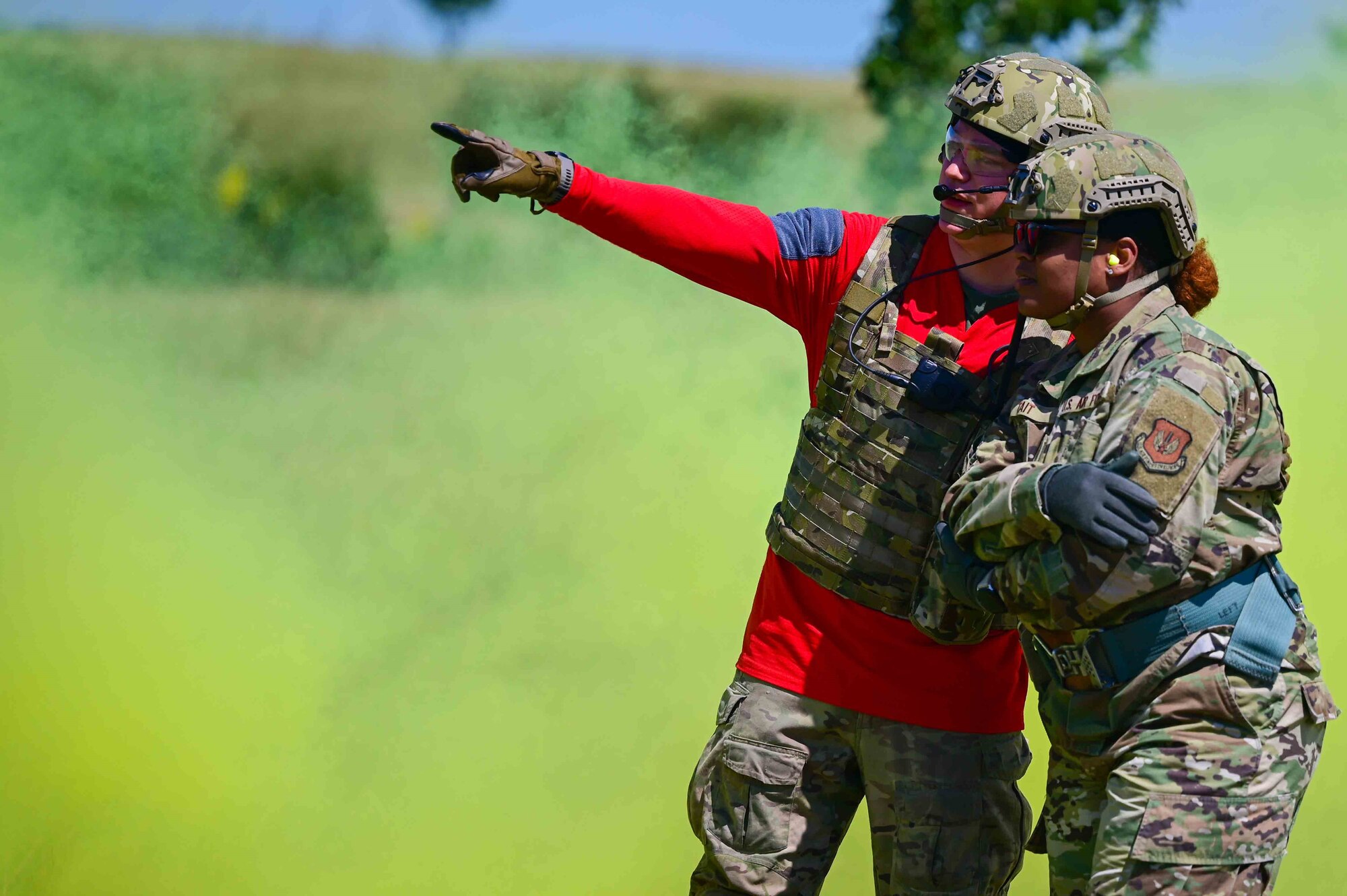 From left, U.S. Air Force Staff Sgt. Joshua Lahart and U.S. Air Force Staff Sgt. Shayla Tait assigned to the 56th Rescue Squadron prepare to get picked up by a rescue team