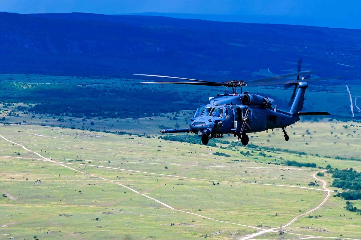 A U.S. Air Force HH-60G Pave Hawk assigned to the 56th Rescue Generation Squadron from Aviano Air Base flies to Pápa Air Base, Hungary for exercise Jolly Vihar