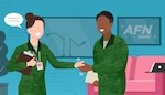 Illustration of a show host holding a clip board shaking hands with the interviewee and welcoming them to the studio lobby. A window into the recording room, potted plant, laptop on the couch arm and a hanging frame of the AFN Radio logo are visible.