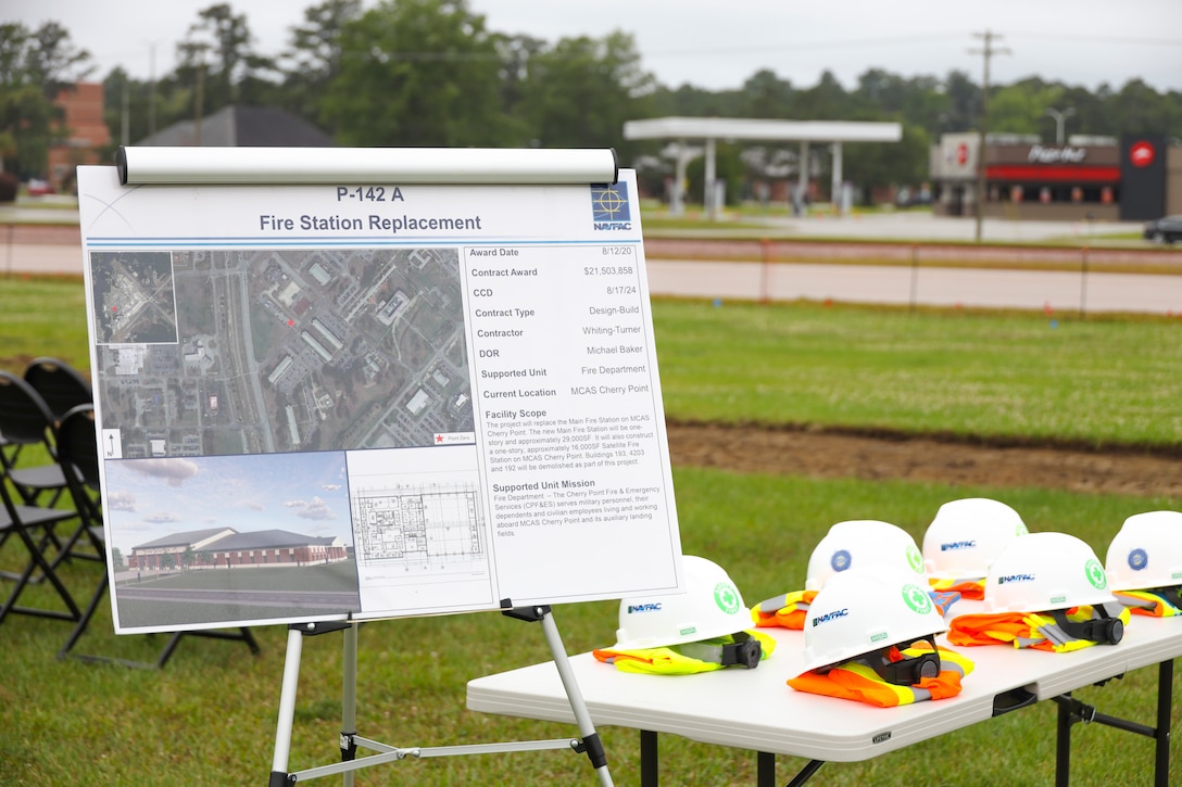 Representatives from the Office in Charge of Construction (OICC) Florence, Whiting-Turner Contracting Company attend the groundbreaking ceremony for Military Construction Project 142, the construction of a replacement fire station and satellite station, at Marine Corps Air Station Cherry Point, May 31, 2023.