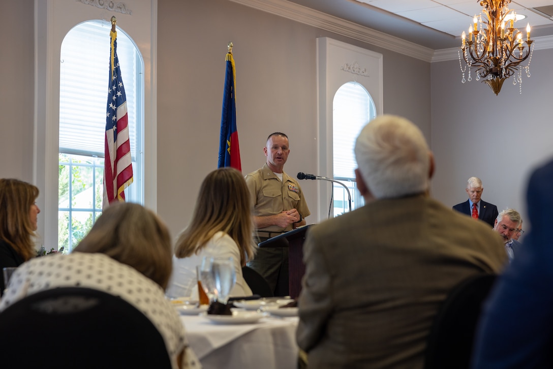 U.S. Marine Corps Sgt. Alexis Sepulveda, an aviation ordnance systems technician assigned to Headquarters and Headquarters Squadron, Marine Corps Air Station (MCAS) Cherry Point, was recognized and celebrated as the Service Person of the Quarter by the New Bern Chamber of Commerce Military Alliance at the New Bern Golf and Country Club, New Bern, North Carolina, June 8, 2023.