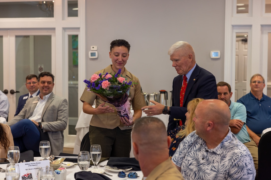 U.S. Marine Corps Sgt. Alexis Sepulveda, an aviation ordnance systems technician assigned to Headquarters and Headquarters Squadron, Marine Corps Air Station (MCAS) Cherry Point, was recognized and celebrated as the Service Person of the Quarter by the New Bern Chamber of Commerce Military Alliance at the New Bern Golf and Country Club, New Bern, North Carolina, June 8, 2023.