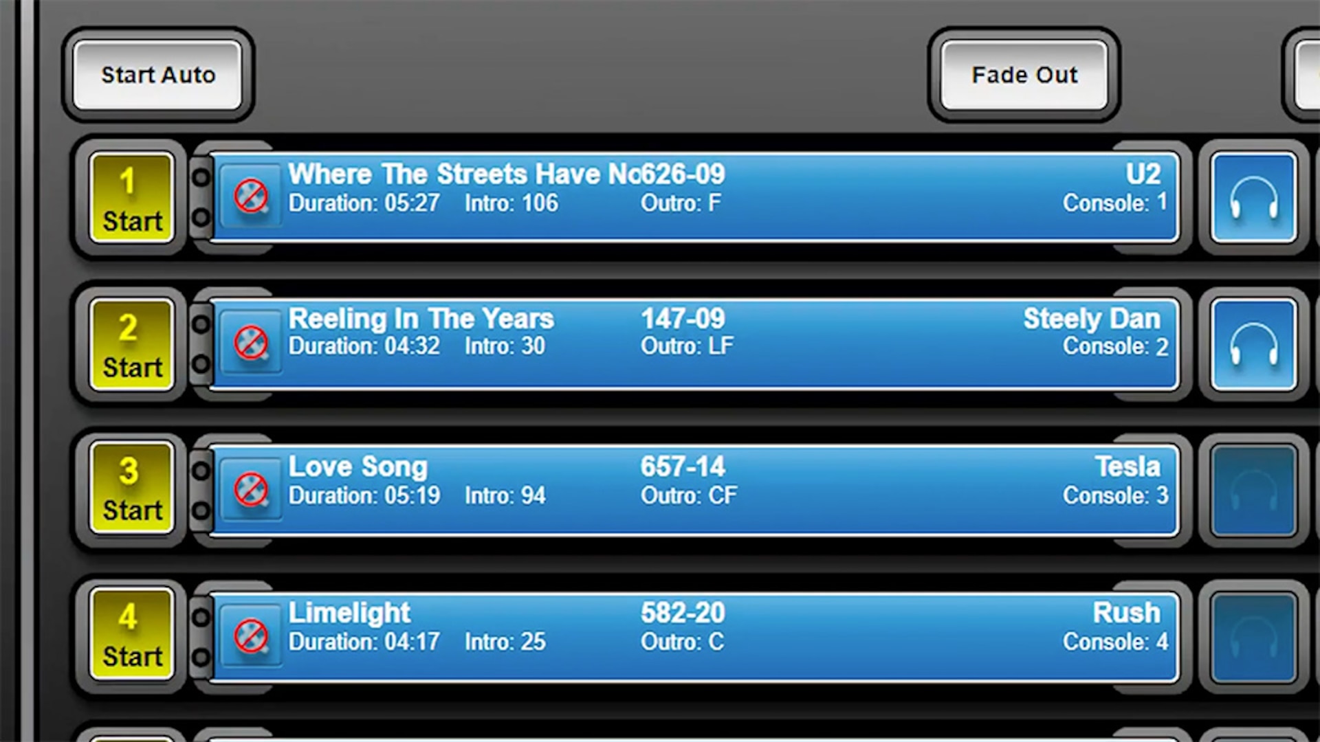 A screenshot of the engine panel within the radio automation software Audiovault FleX.