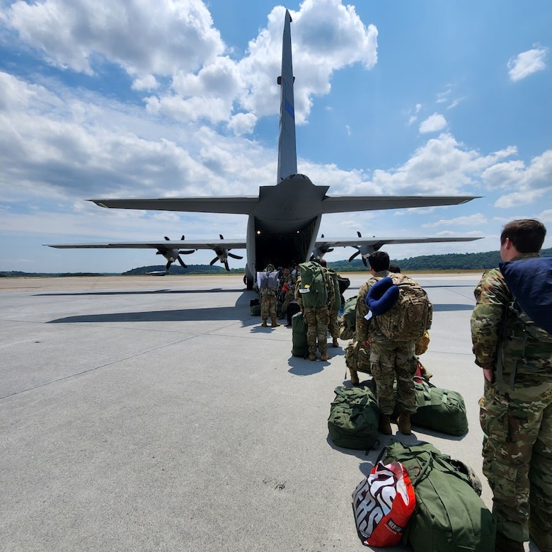 Soldiers of the 63rd TAB board a C-130 flown by the Kentucky Air Guard to fly back to Frankfort at the conclusion of the warfighter.