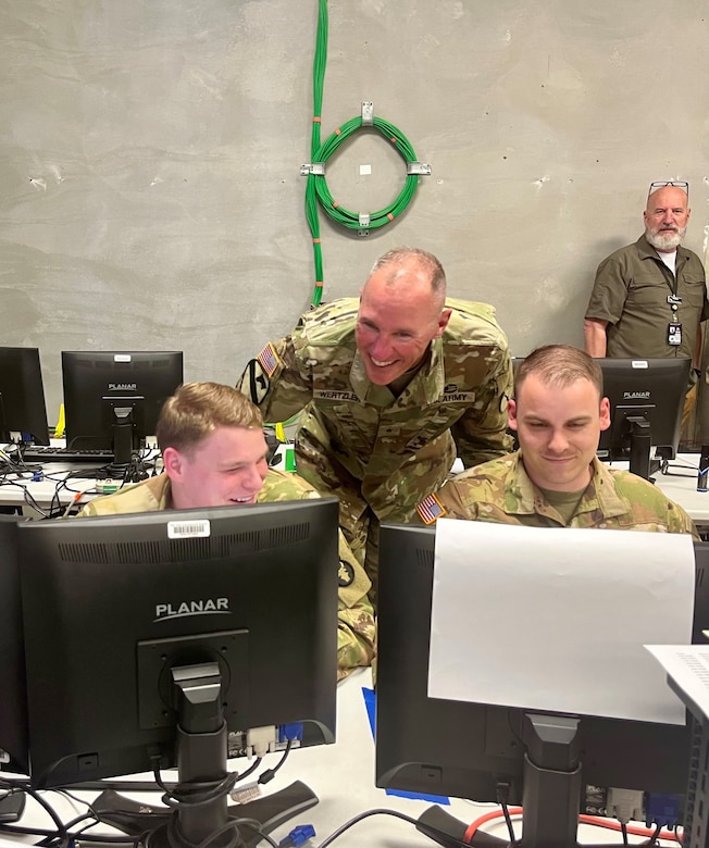 Spc. Connor Ridings builds links on the ADSI (Air Defense Systems Integrator) to provide Command and Control data and track friendly and enemy forces activity within the airspace of the unit’s area of operations during the warfighter exercise May 27-June 13 at Fort Indiantown Gap, Pa.