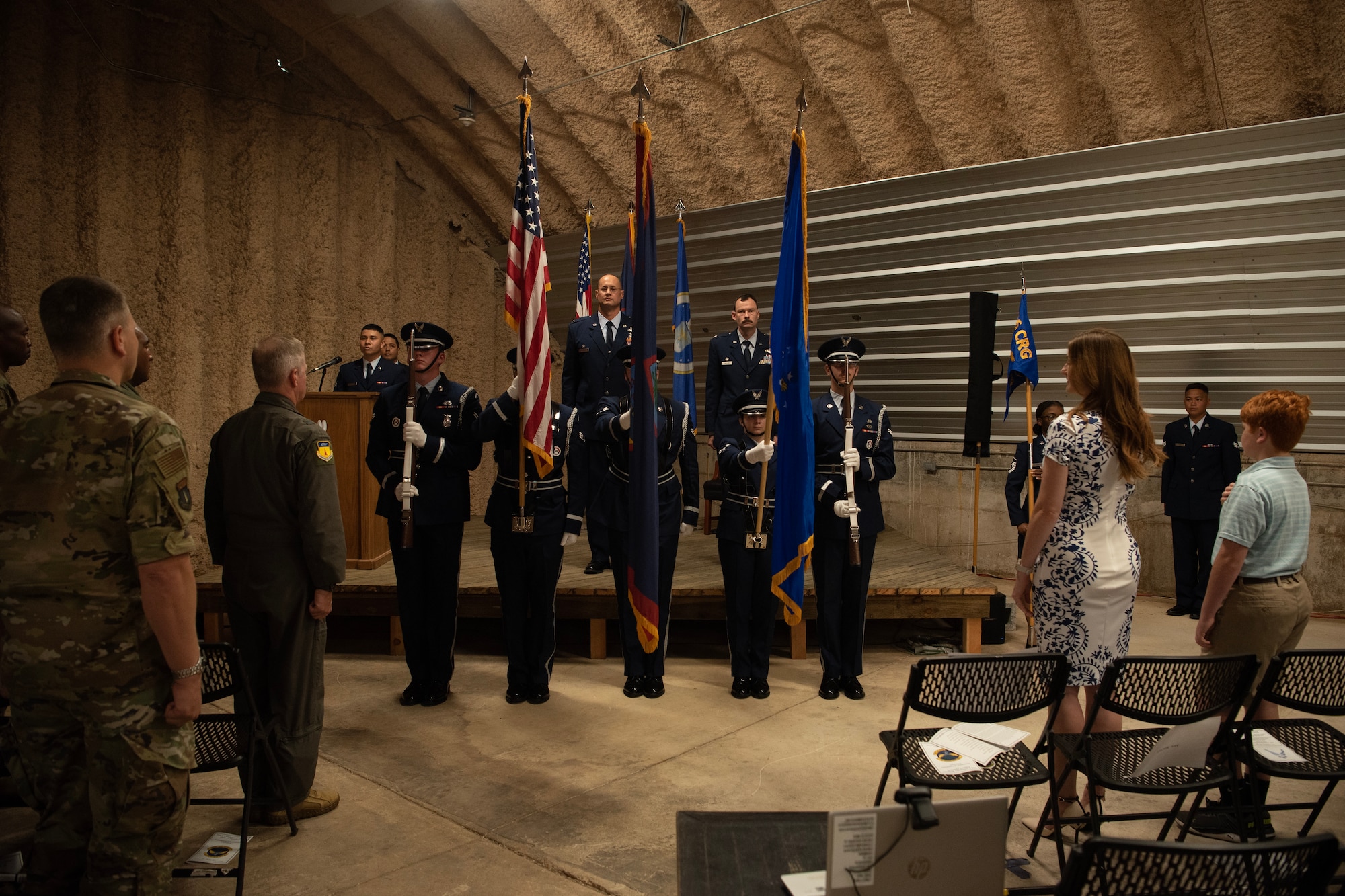 Members of the 36th Honor Guard present the colors during the 36th Contingency Response Support Squadron assumption of command and redesignation ceremony.